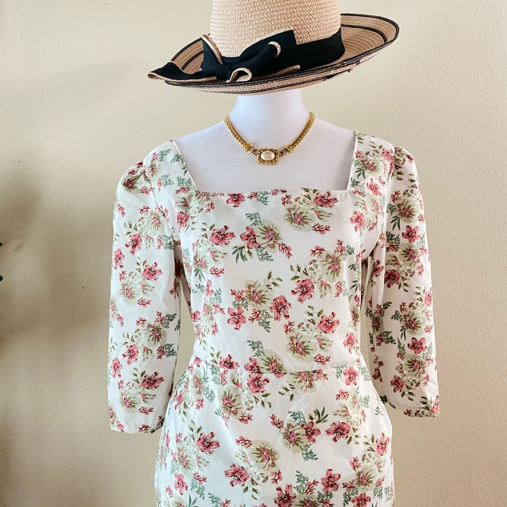 Floral pink and green leaf - Long Dress- elbow sleeve/ New